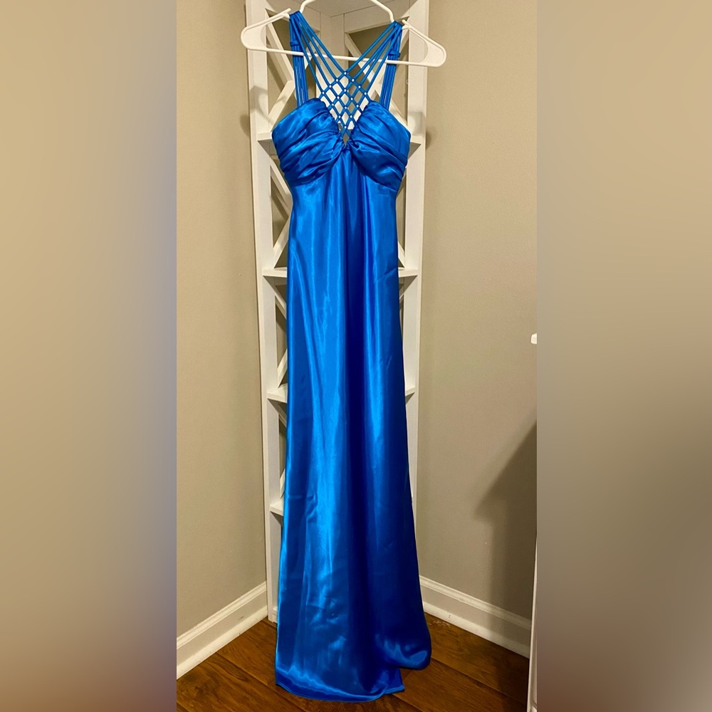 Size 0 floor length blue/teal party dress with stone embellishment